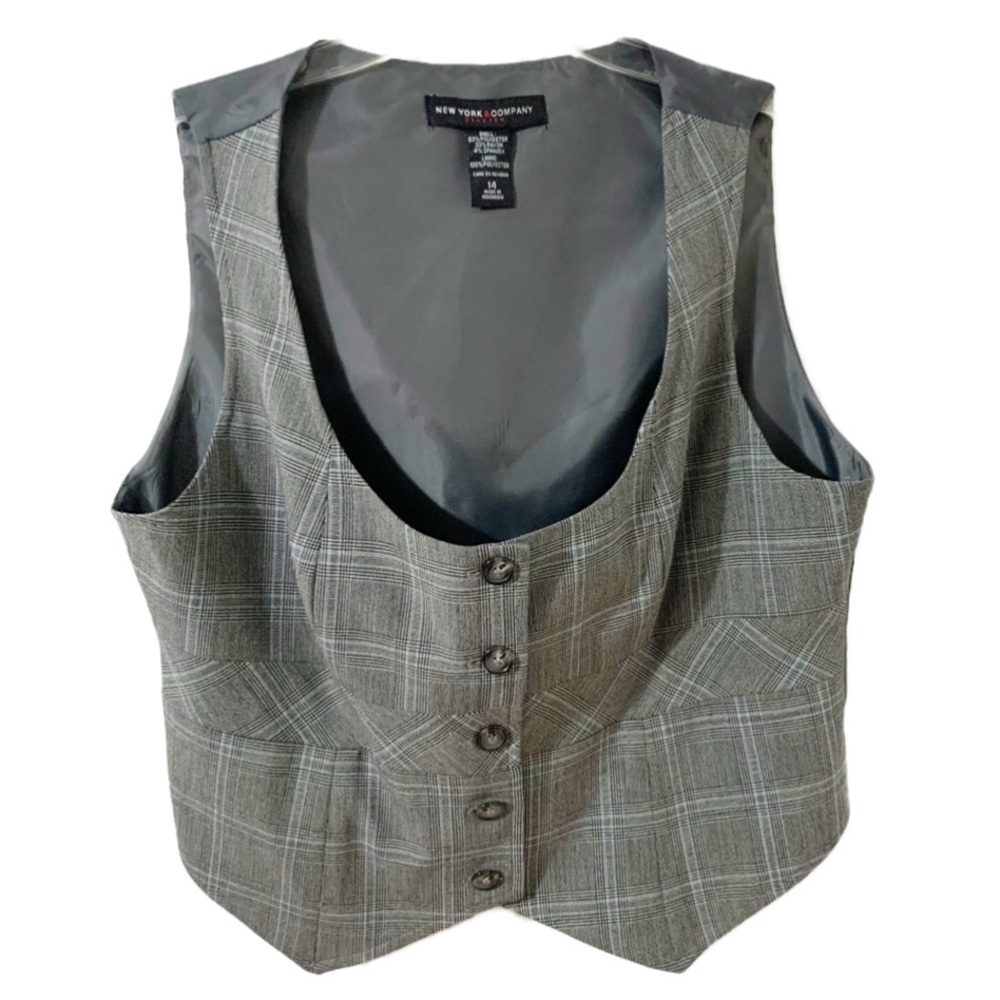 Vintage New York & Company Multi Color Plaid Scoop Neck Button Up Vest Preppy